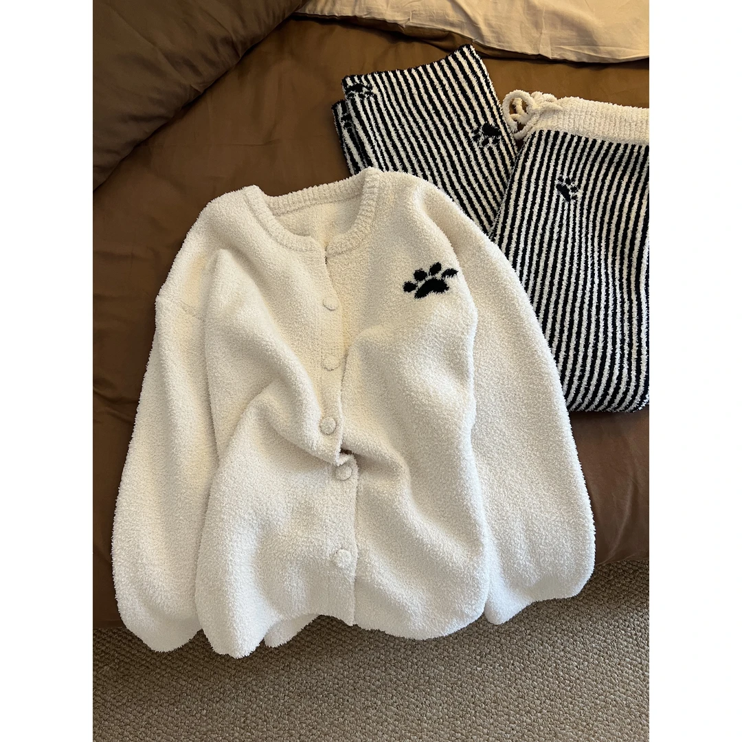 可爱猫爪半边绒针织毛衣慵懒睡衣女秋冬款保暖条纹长裤家居服套装