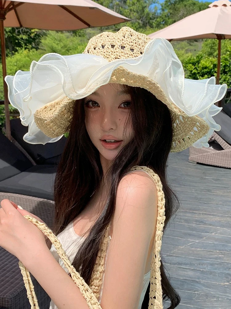 蕾丝草编太阳帽子女大帽檐夏季透气草帽海边遮全脸遮阳防晒帽子潮