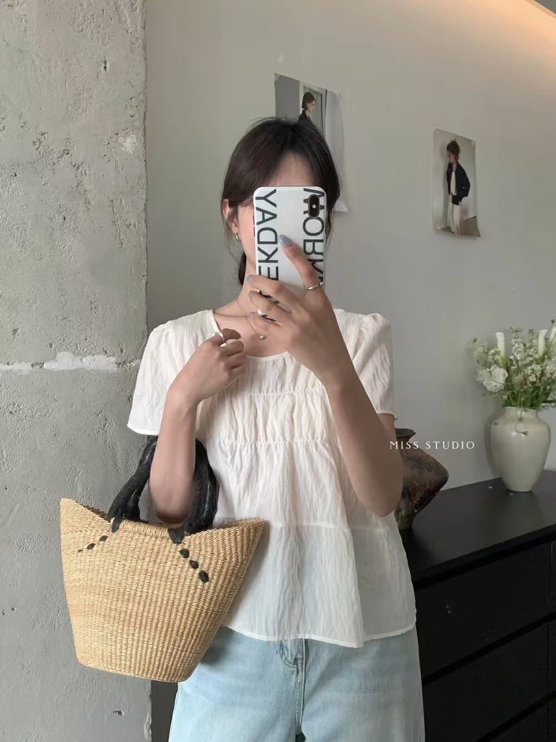 密思@590 法式温柔甜美褶皱设计感透气小衫 7-1