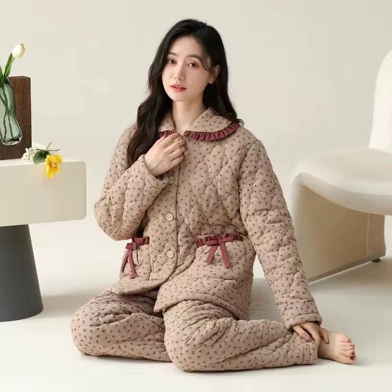 睡衣冬季珊瑚加厚加绒三层夹棉秋冬保暖法兰绒棉袄冬天家居服套装