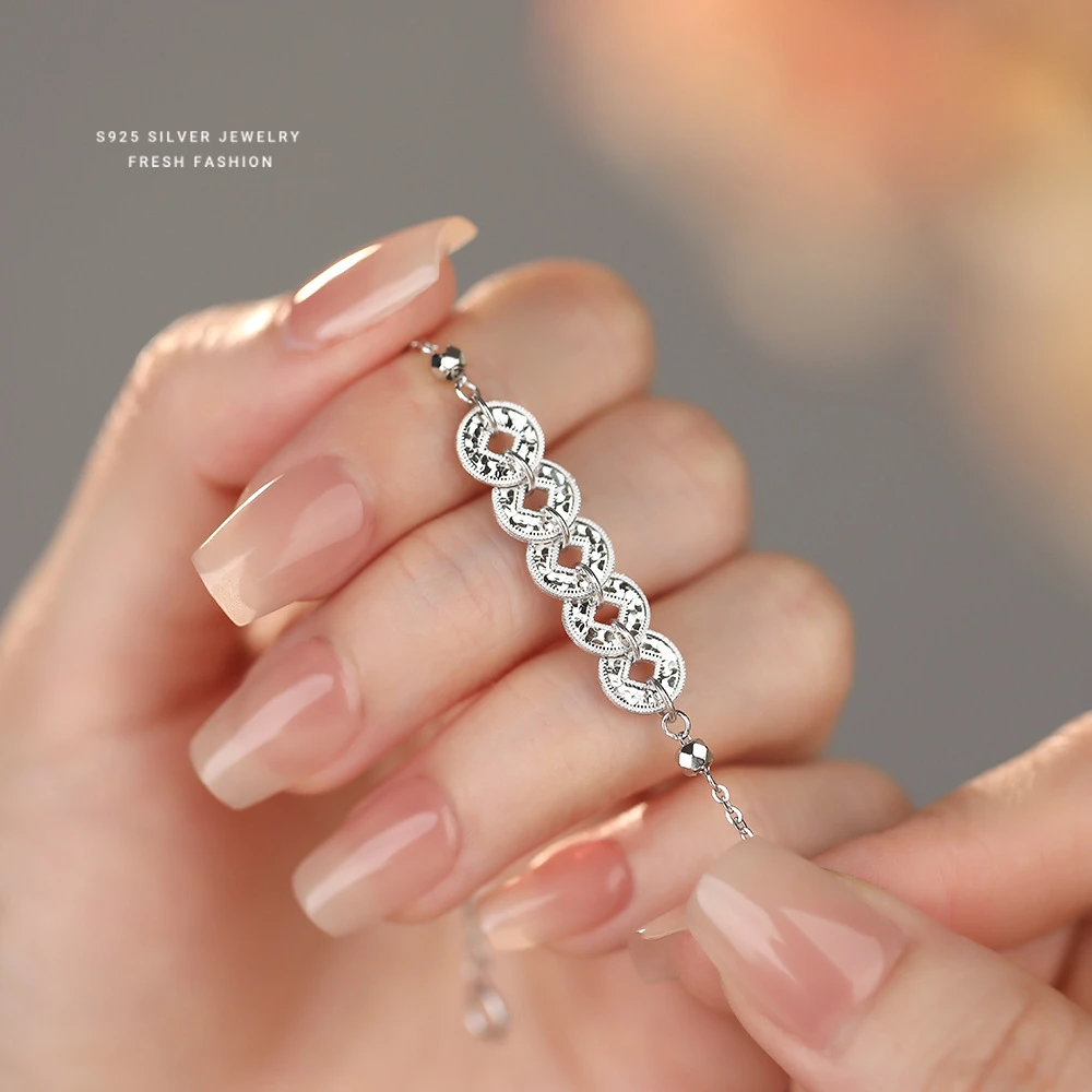 925银手链 s925银五帝铜钱币手链国潮轻奢百搭新款爆款复古手饰品