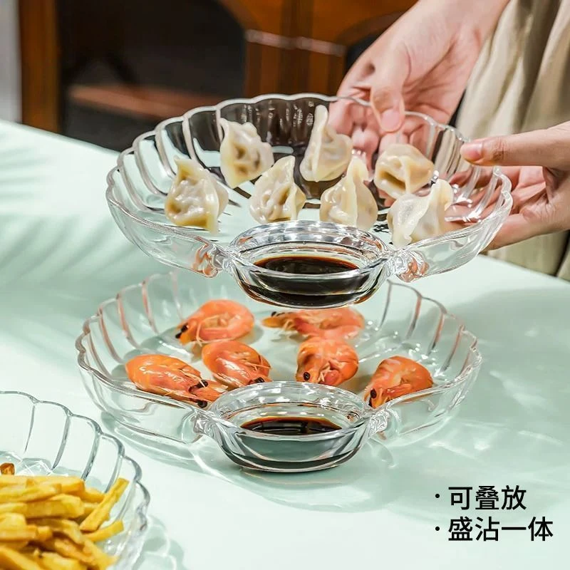 家用塑料高颜值贝壳饺子透明盘带扇形全套盘油炸专用餐盘沥水篮