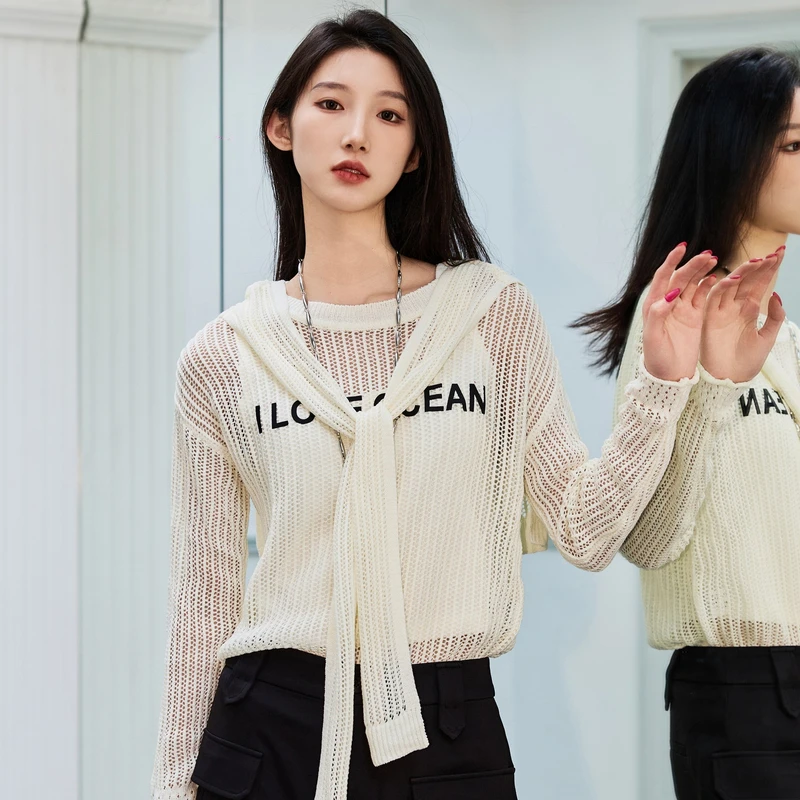 U/TI 盐系大网格毛衣白色镂空透视透气宽松时尚套头针织毛衫