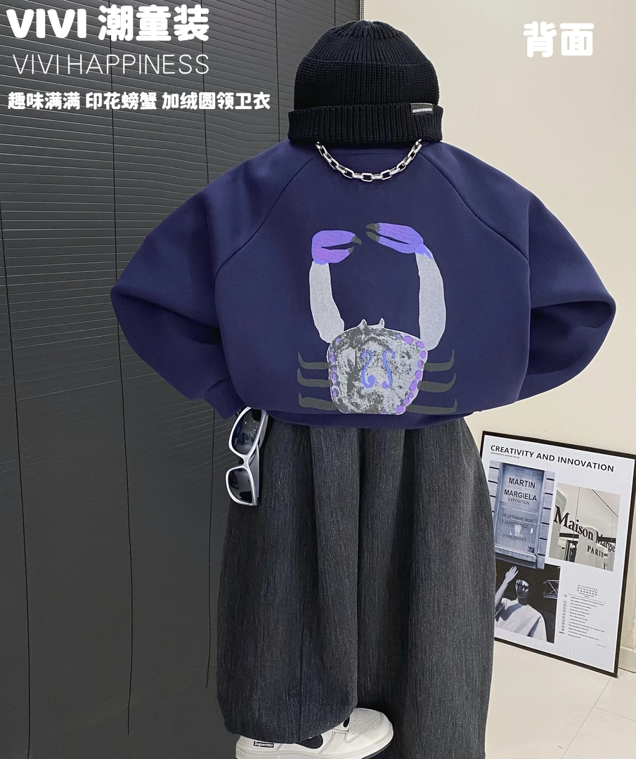 现货VIVI童装【趣味童趣】秋冬亲子装中大童紫色印花圆领加绒卫衣