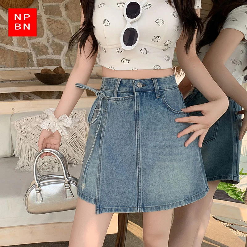 2025大码女装新款设计感蝴蝶结绑带假两件牛仔裙裤