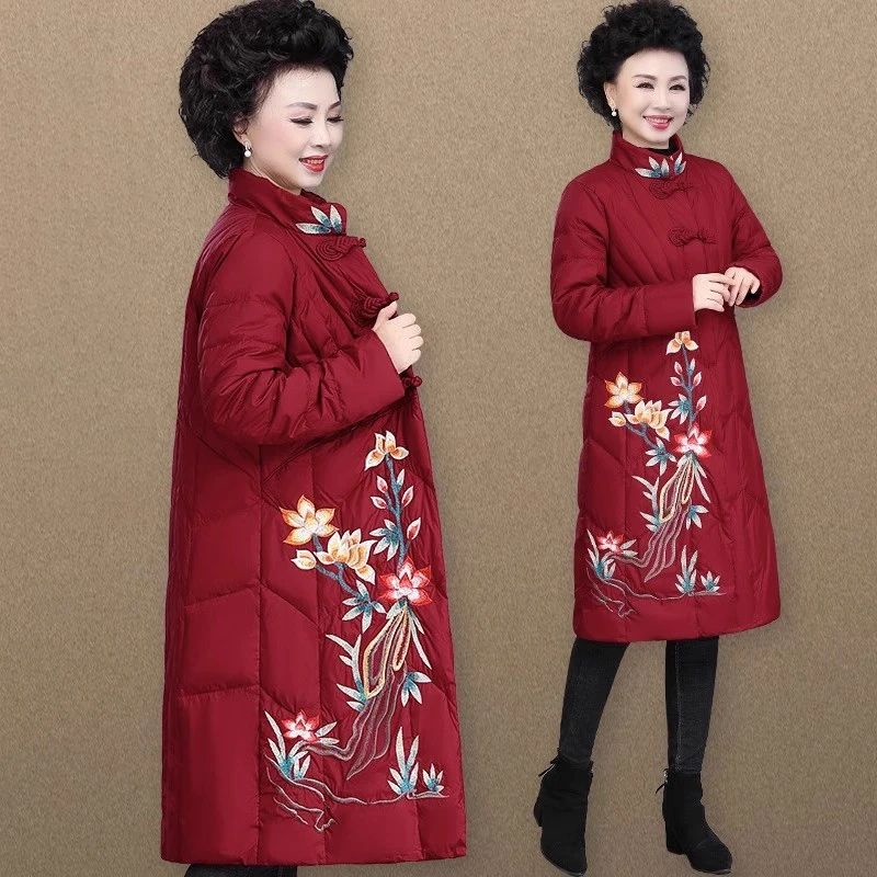 本命年红色衣服中老年人冬季女中长款奶奶大码妈妈冬装外套