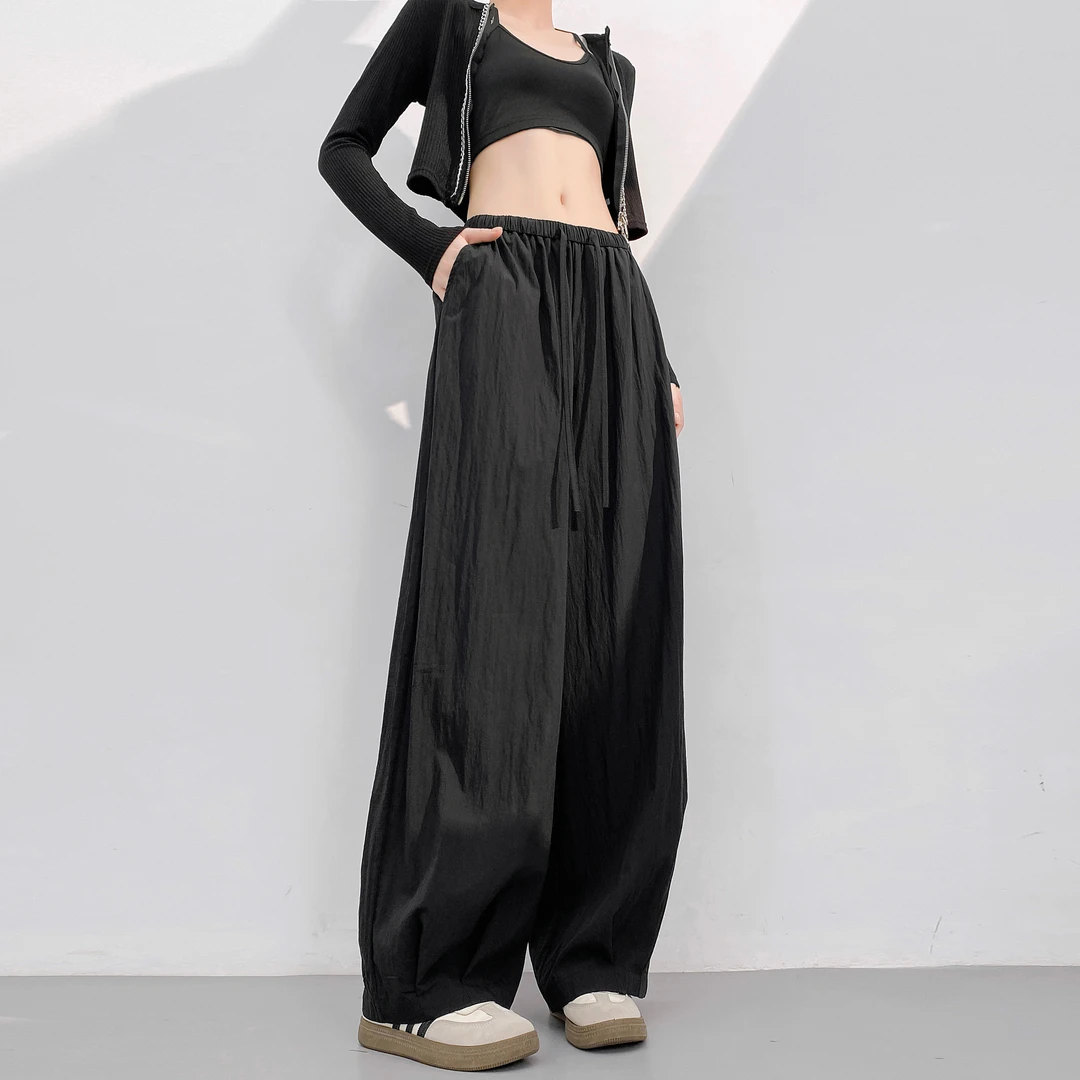 Apvr2025夏季新款黑色显瘦休闲松紧腰阔腿裤女宽松垂感百搭拖地裤