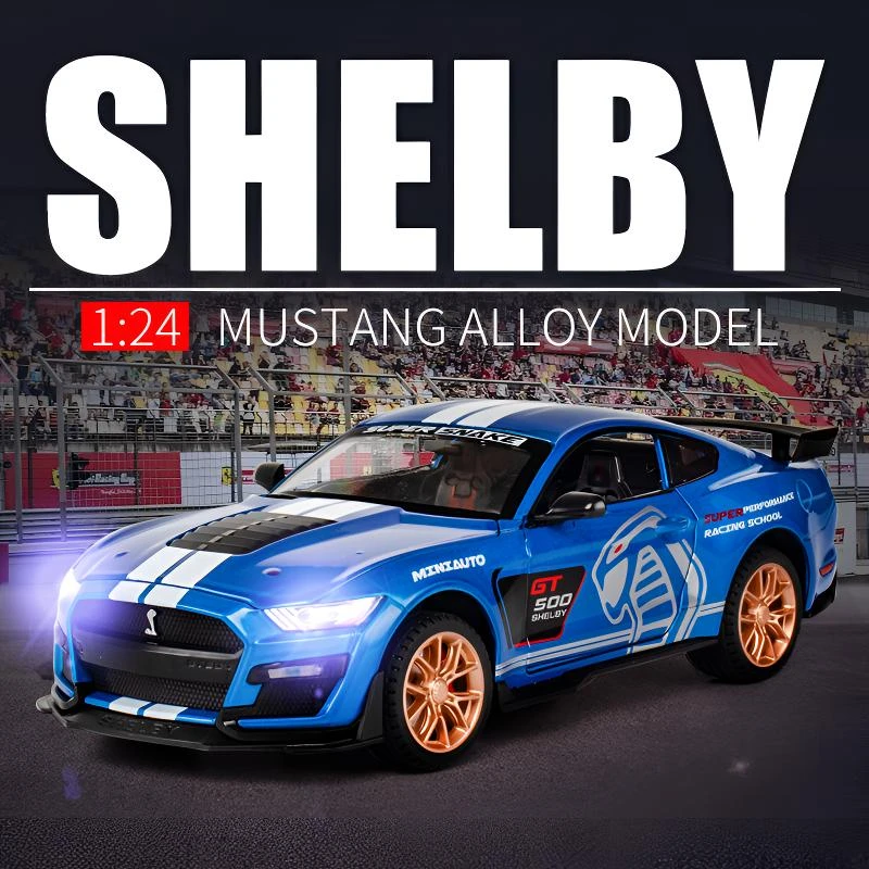 双11特价1:24福特野马GT500合金车模型声光回力转向玩具车摆件