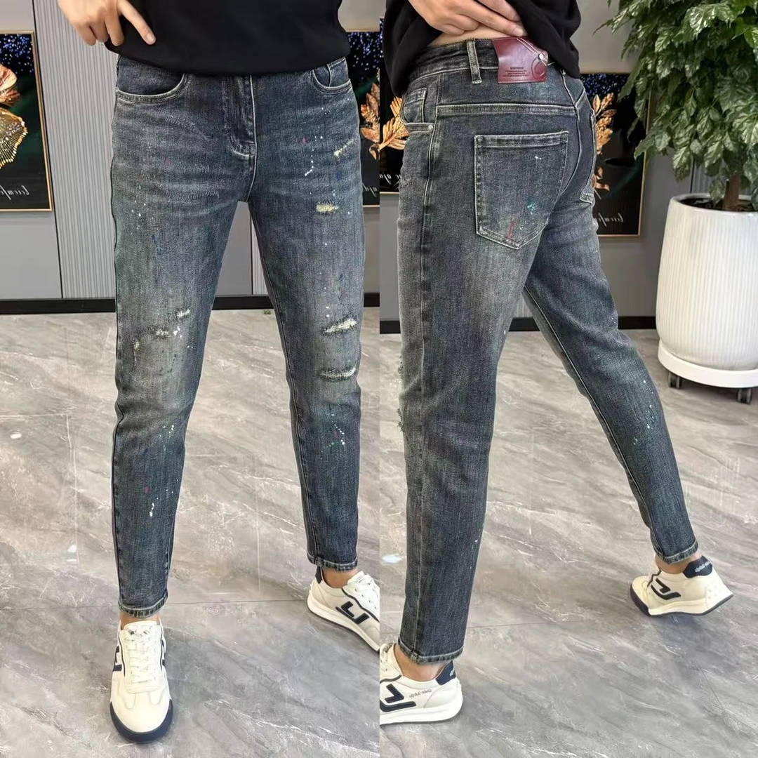 牛仔裤男秋季新款破洞印花长裤男百搭休闲显瘦小脚裤时尚潮流男裤