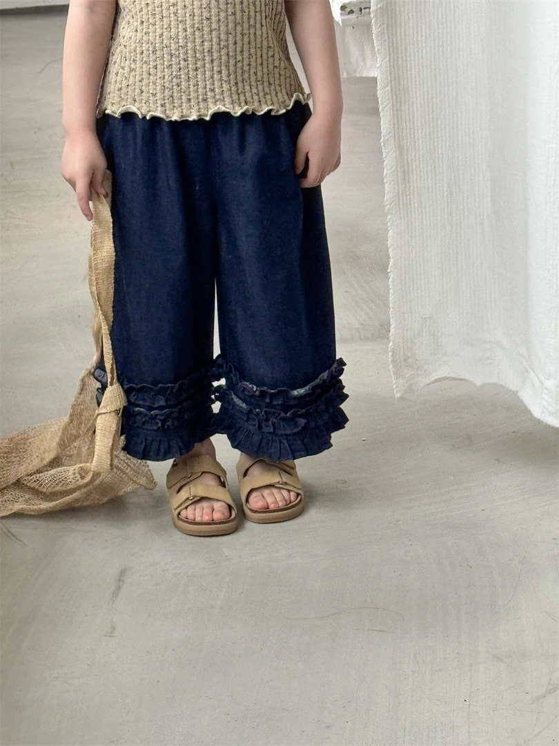 夏季女童韩版休闲宽松柔软花边九分裤牛仔裤直筒裤