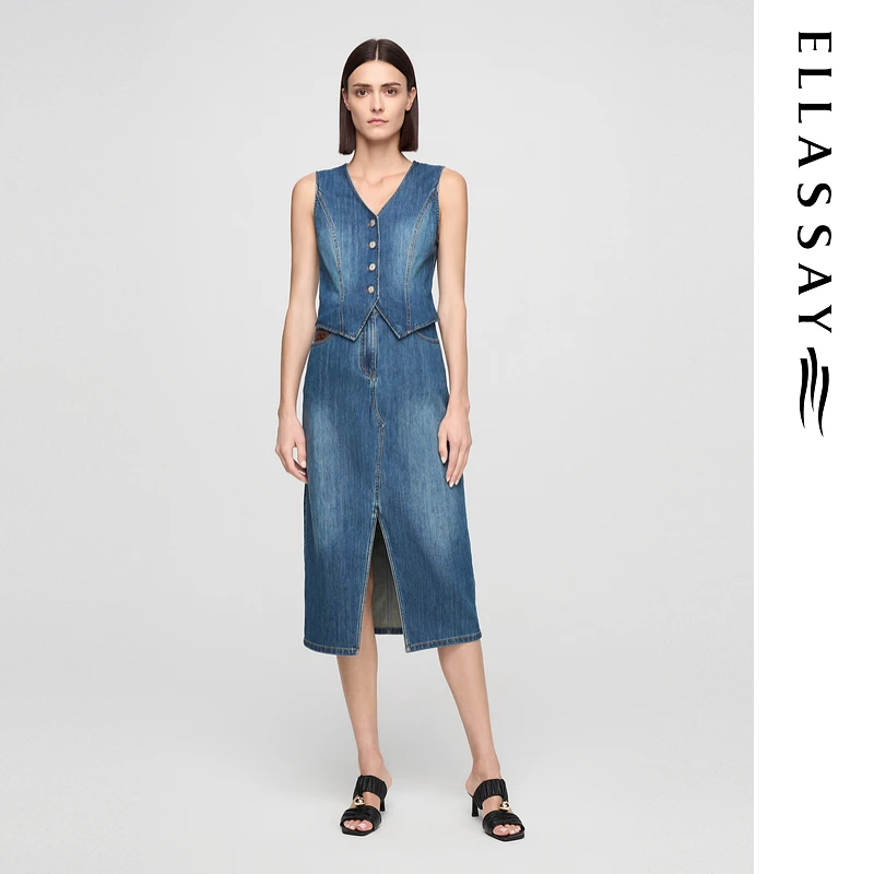ELLASSAY歌力思2025春夏新款复古牛仔假两件连衣裙女EWE362N02800