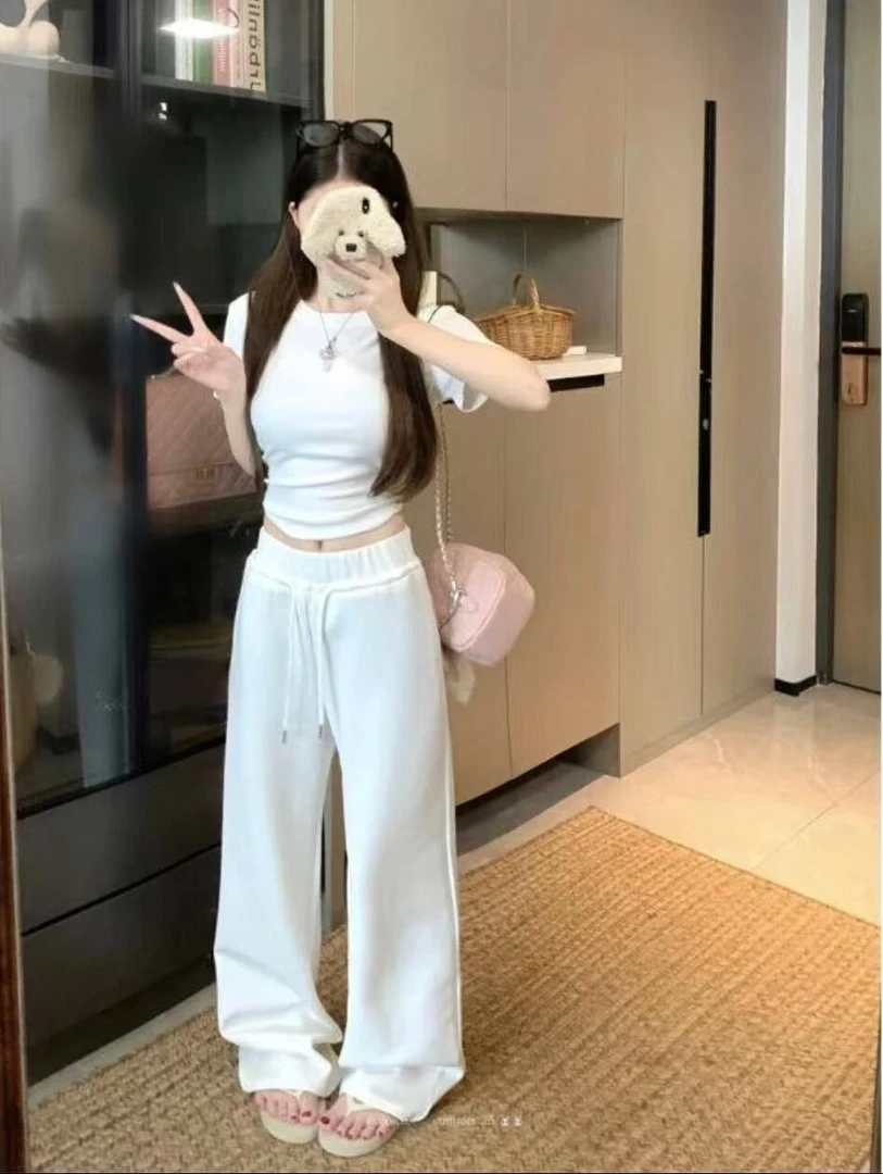 185夏季新款时尚辣妹修身显瘦短款圆领短袖上衣+高腰休闲阔腿裤