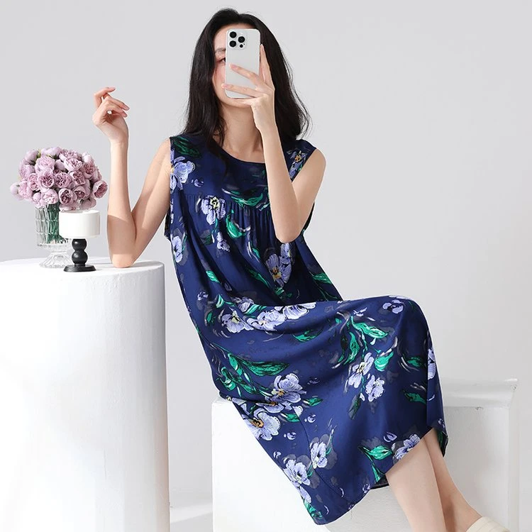 2025新款棉绸气质简约中国风碎花无袖睡裙印花女士夏季薄款连衣裙