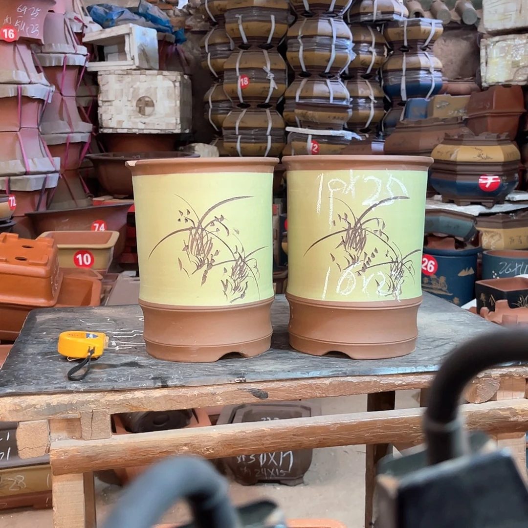 紫砂花盆竹节盆两个