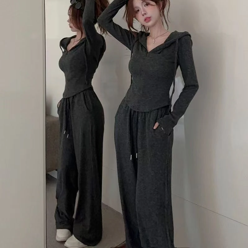 双面绒+运费险/休闲套装女季修身显瘦连帽微喇叭裤两件套