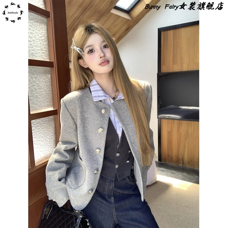 韩系灰色毛呢外套女秋冬季2025年新款高级感宽松显瘦呢子夹克上衣