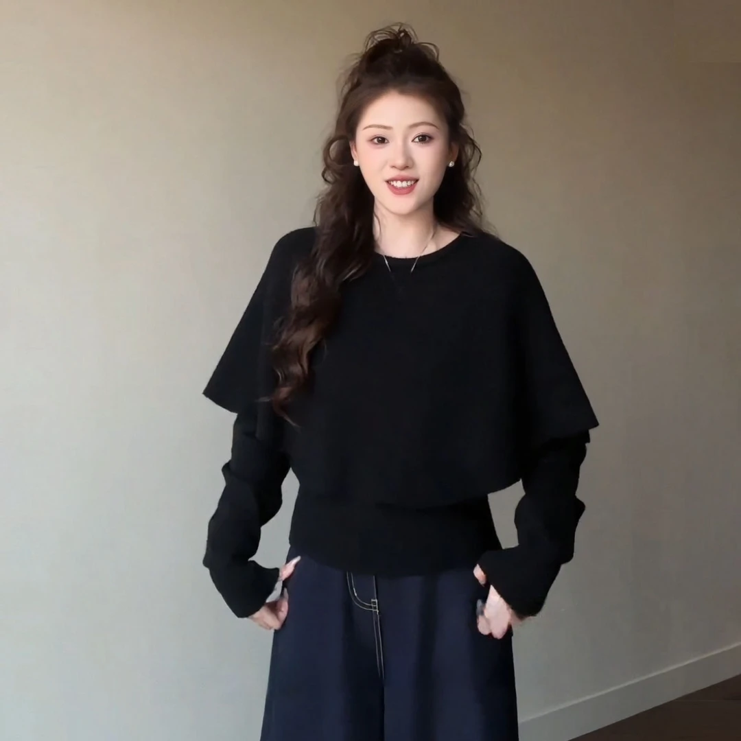 9367慵懒风斗篷披肩假两件针织衫女秋冬毛衣大码胖mm显瘦洋气上衣