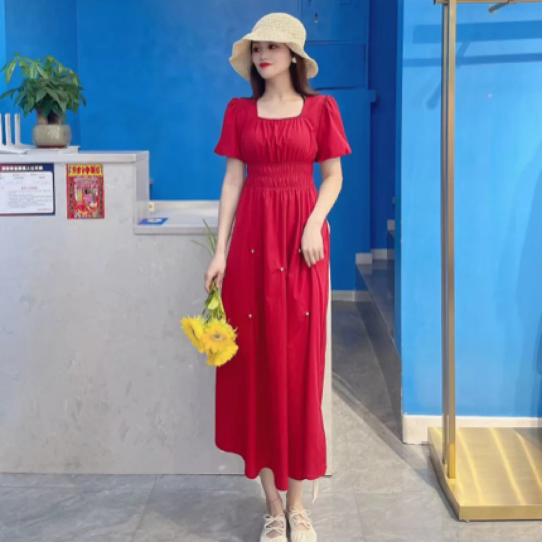 曼雪菲方领泡泡袖连衣裙