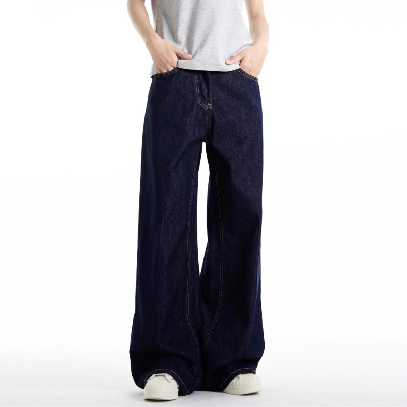 韩系大码深蓝色高腰阔腿牛仔裤梨型身材遮胯显瘦垂感慵懒风直筒裤