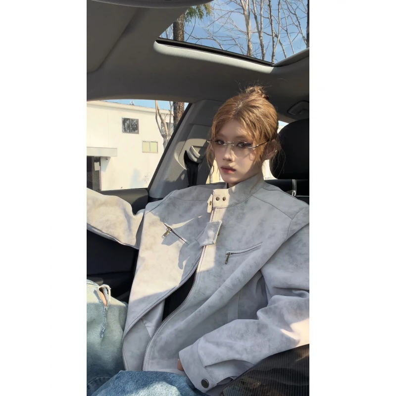 老钱风扎染短款垫肩皮衣外套男秋季潮牌美式复古痞帅宽松工装夹克