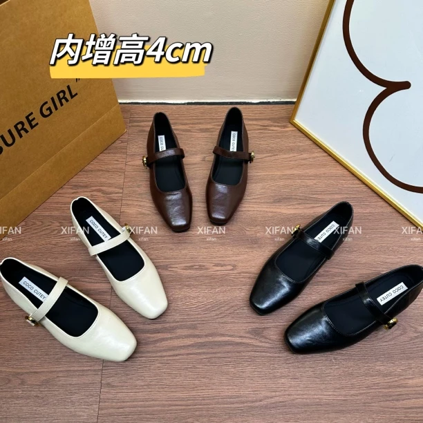 【66】新款春秋内增高小单鞋软面方头百搭欧若风法式小香风皮鞋