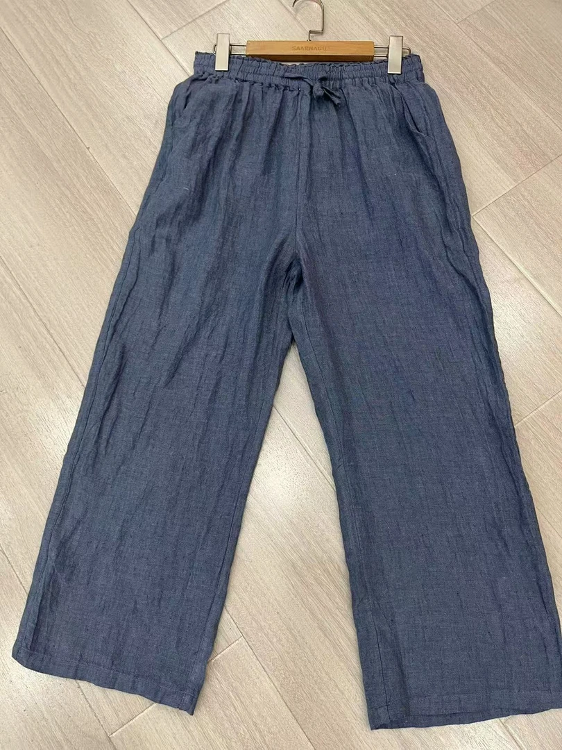 YIWEN春夏双色织汉麻抽绳显瘦亚麻直筒裤1164