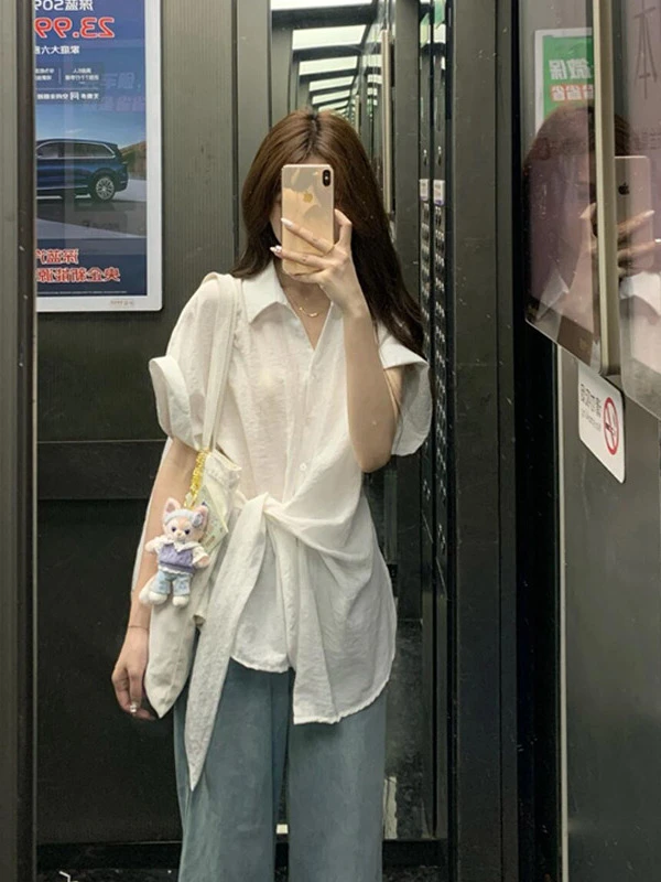 白色短袖衬衫上衣2025夏季新款小衫不规则法式高级感收腰衬衣女装