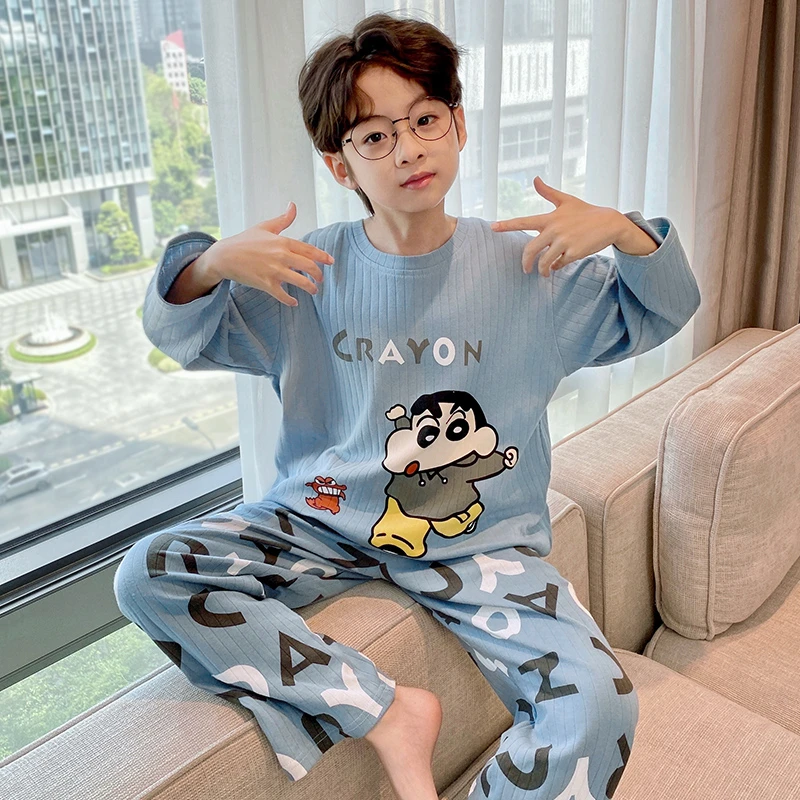 新款男童睡衣春秋季纯棉长袖薄款儿童小男孩青少年大童家居服