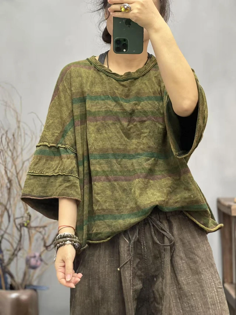 F30 5011 夏季新品条纹炒色破洞怀旧休闲女士上衣T恤 胸围146长56
