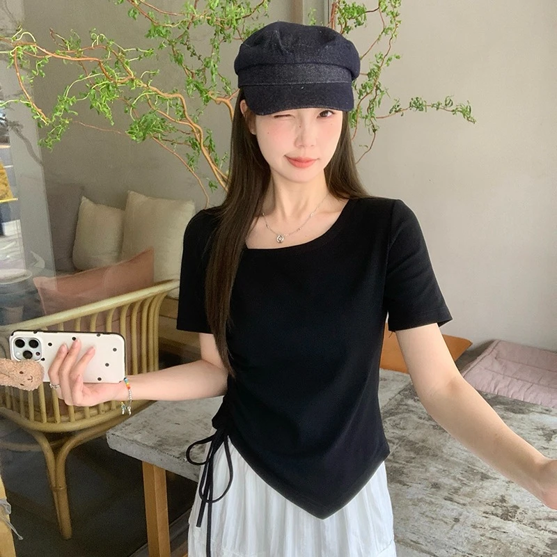2025夏装新款胖mm大码女设计感不规则抽绳小众短袖T恤出游服装女