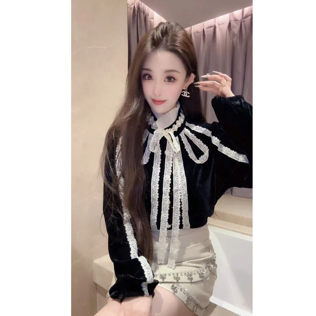 JY&JY橙子大大【近在咫尺】重工钉珠丝绒拼蕾丝衬衫上衣 16052