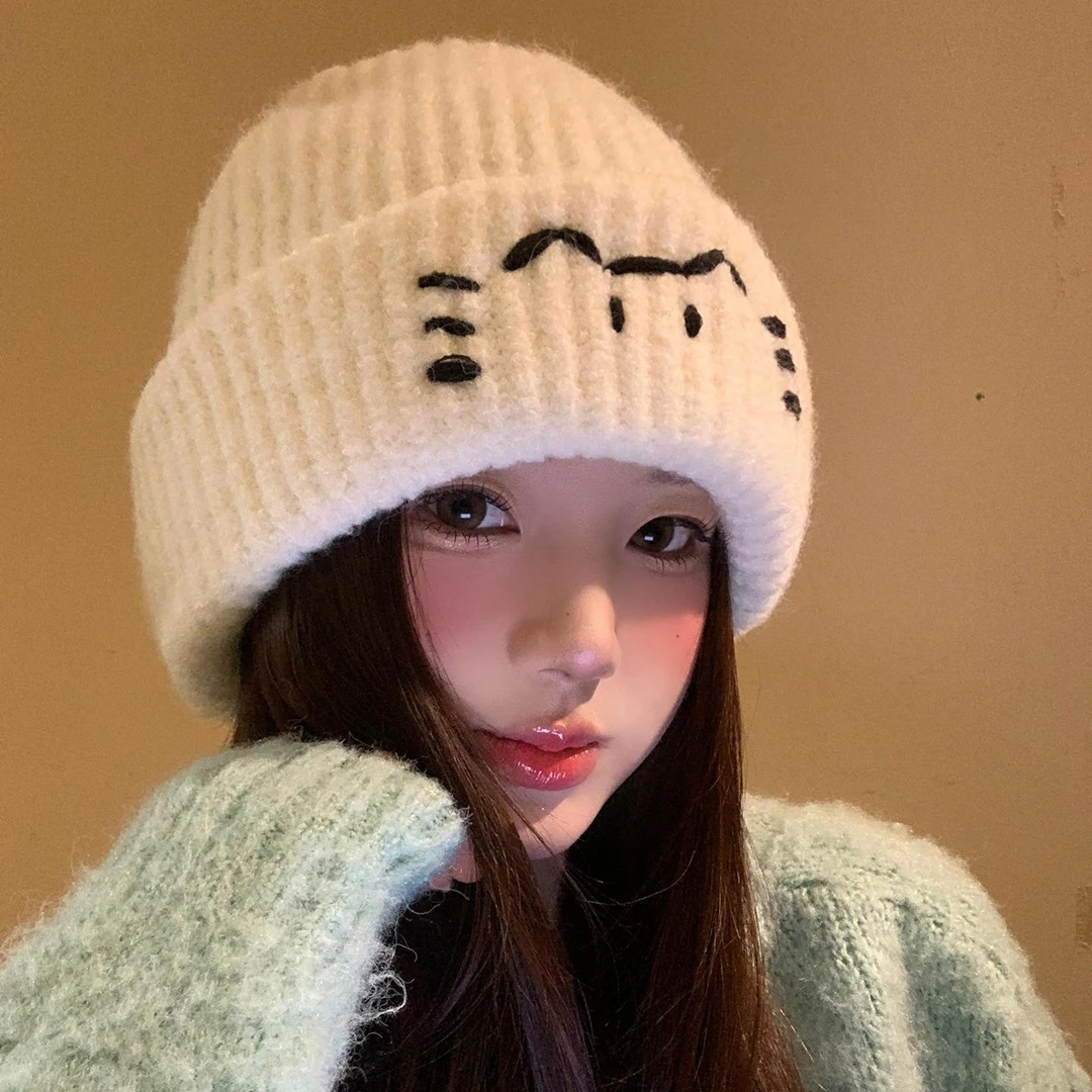 可爱小猫咪毛线帽子女秋冬季显脸小保暖冷帽大头围防寒护耳针织帽