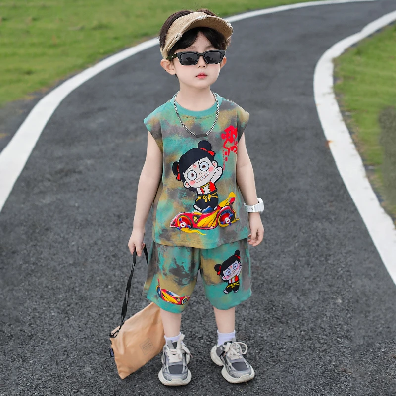 哪吒儿童衣服2025新款男童夏套装时髦帅气宝宝夏装小男孩薄款无袖
