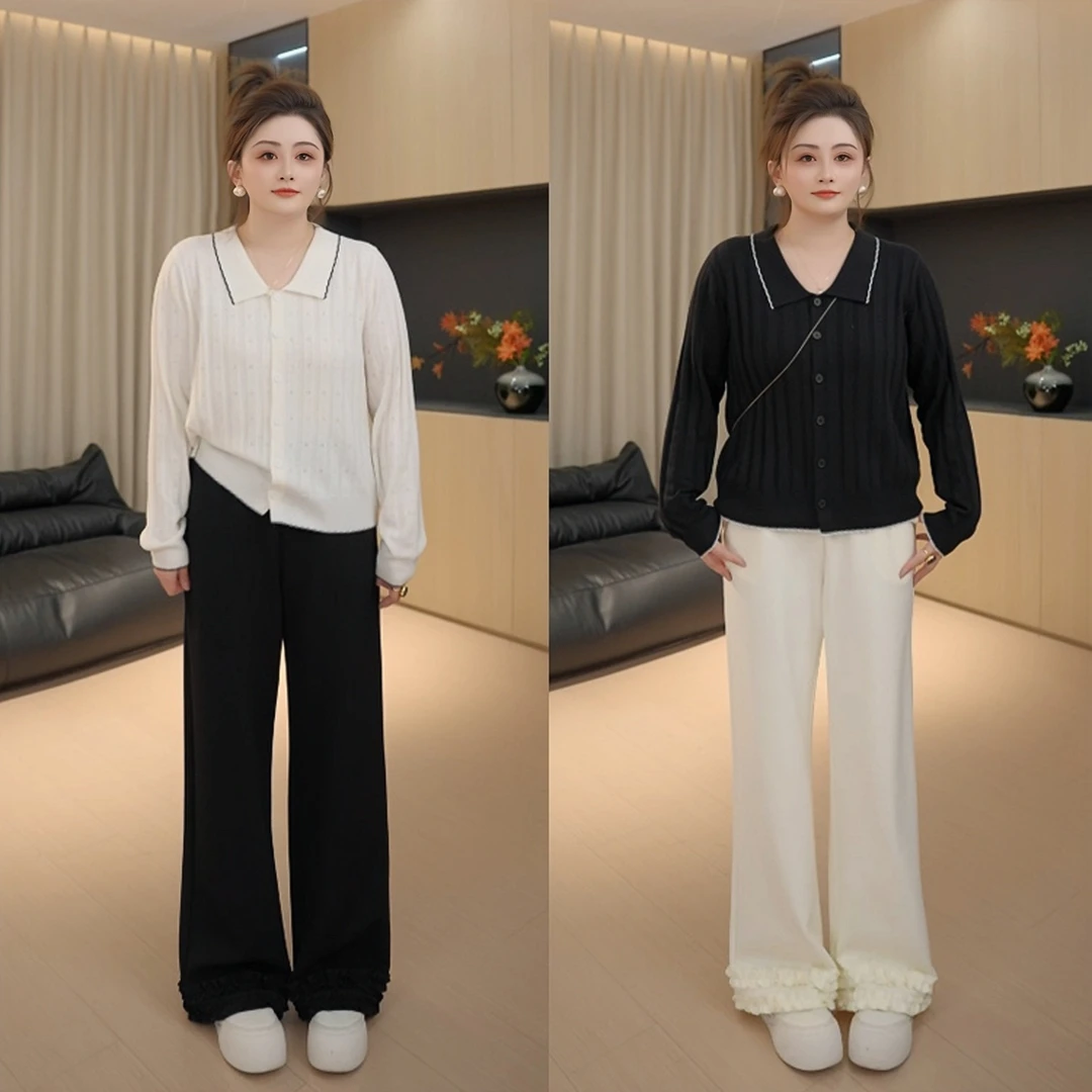 【胖佳佳】现货~留白主义 秋季时尚撞色花边领长袖针织衫H625Z14671