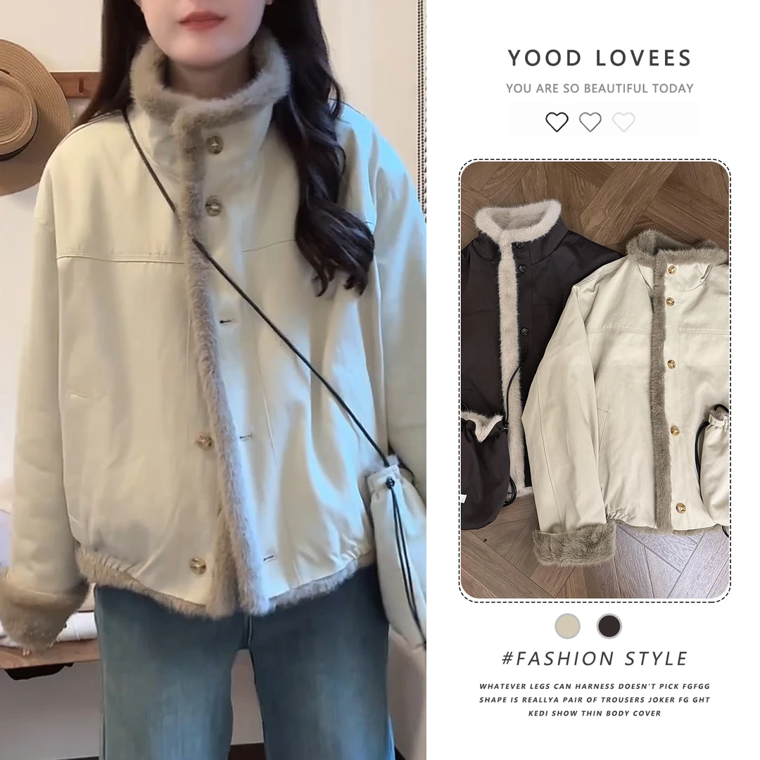 复古大毛领双面穿时尚外套2025冬季新款加绒加厚保暖夹克短外套