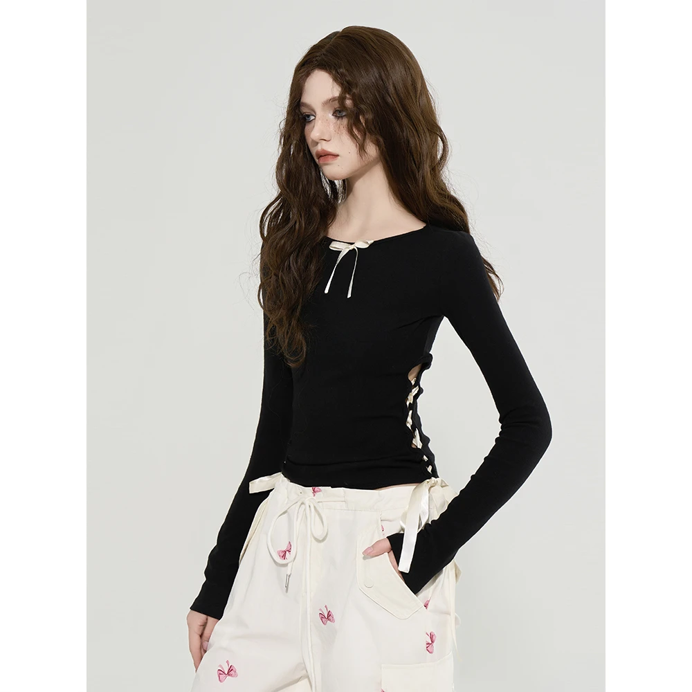 BullyOrange别欺负桔子 美式甜辣风修身显瘦侧边镂空长袖针织T恤