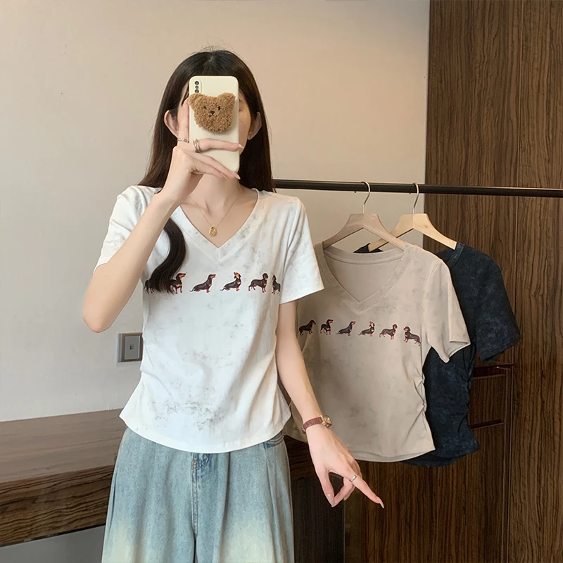 XK大码胖mm设计感印花宽松短袖T恤女夏季遮肉显瘦休闲百搭上衣