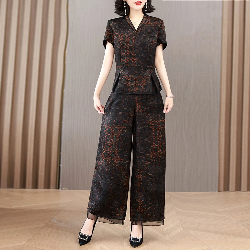 仿香云纱高端套装女2025年时尚妈妈年轻款阔太太阔腿裤两件套装