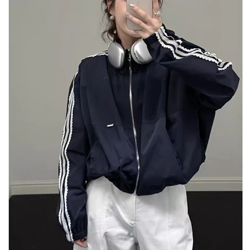 【小沫家】蕾丝花边拼接立领外套女2025春季新款休闲宽松棒球服上衣