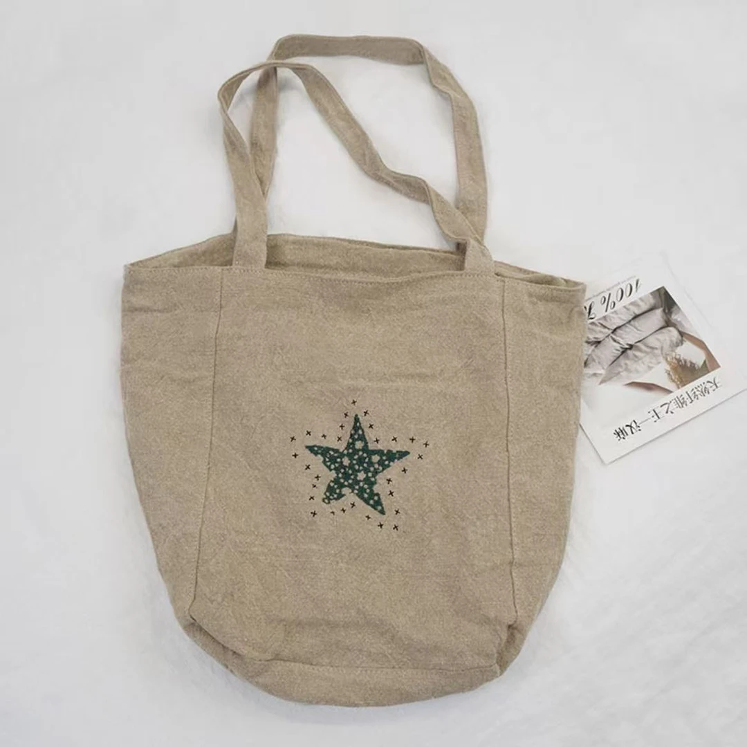 麻本色刺绣星星包