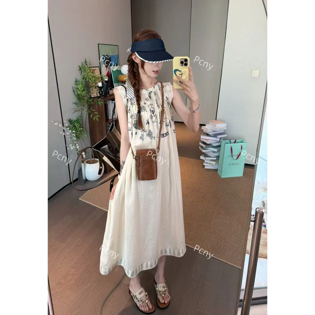 PCNY「简绘碎影」不理理夏季新款小众女装甜美蕾丝系带印花连衣裙