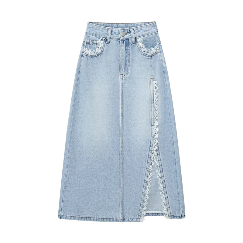 2025年夏季新款牛仔半身裙包臀中长裙蕾丝开叉a字型休闲显瘦1626