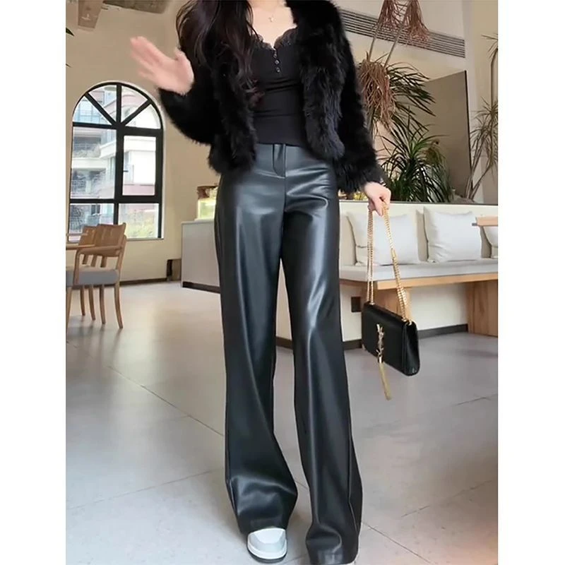 皮裤2025拖地复古高腰美式宽松新款直筒显瘦休闲裤阔腿长裤