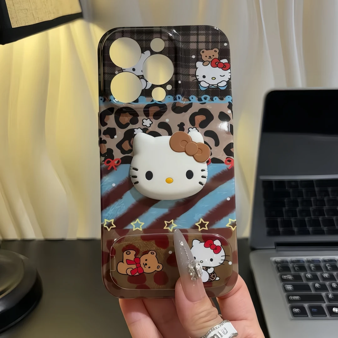 拼纹KT公仔支架适用苹果16手机壳iPhone15小米14vivoppo华为p70套