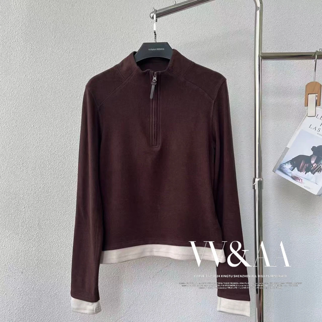 VV&AA 立领半拉链拼色下摆长袖套头上衣 ZS5016