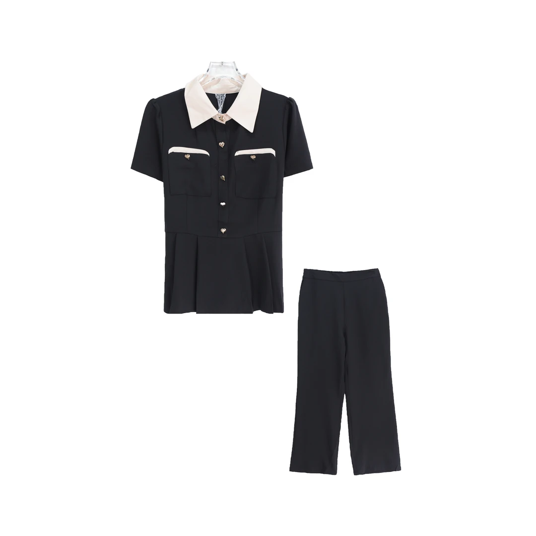 夏季时尚短袖收腰拼接上衣休闲气质两件套S2040