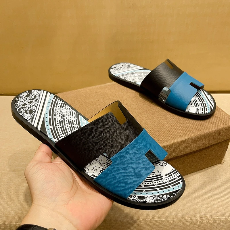 SCAVIOLA外穿男式一字拖欧美夏季款防臭拼色沙滩休闲真皮凉拖鞋男