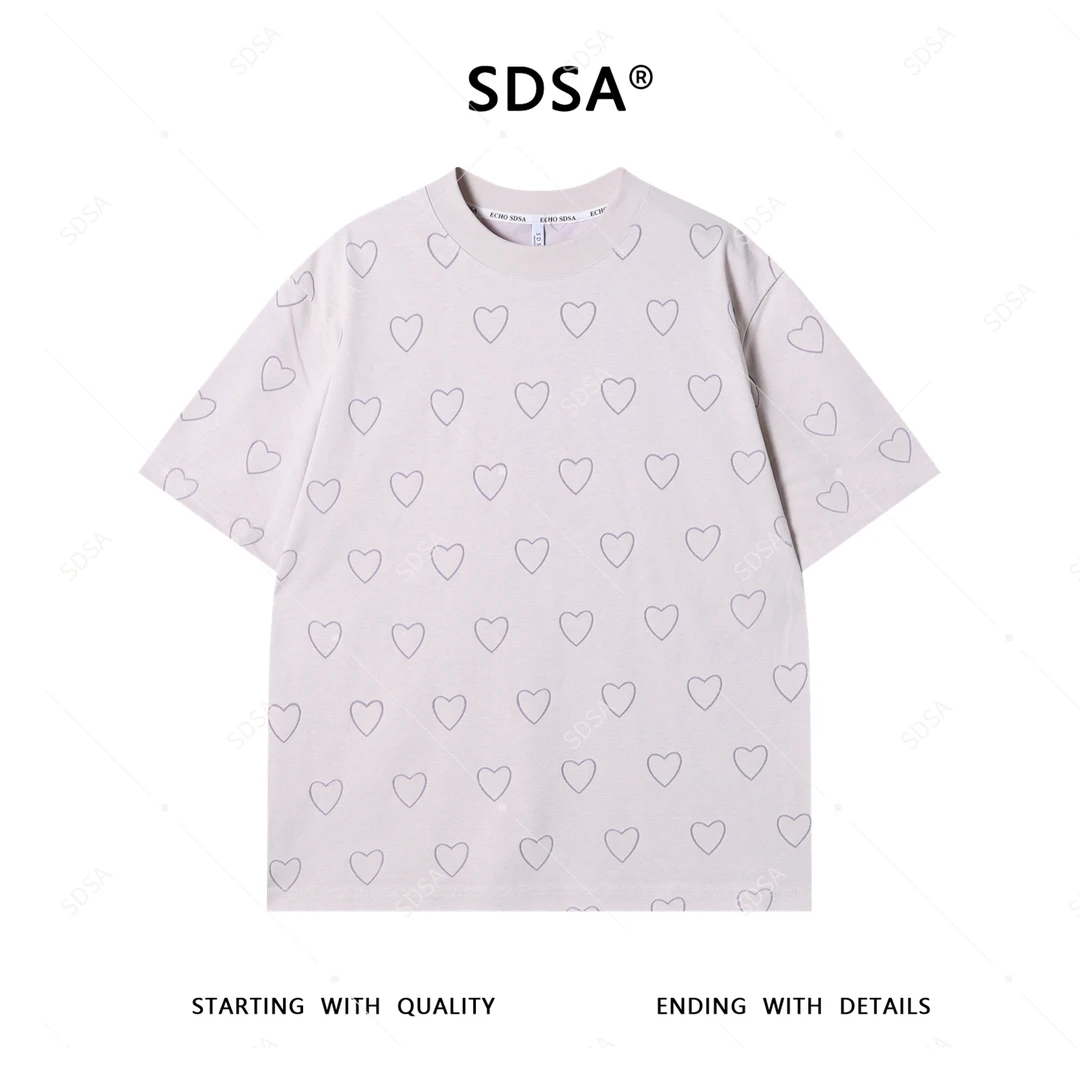 SDSA夏季新款男士痞帅韩版满印爱心印花圆领短袖T恤宽松设计师