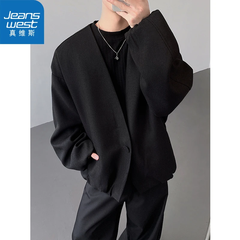 真维斯慵懒随性休闲西装外套男春秋季cleanfit痞帅高级感无领西服