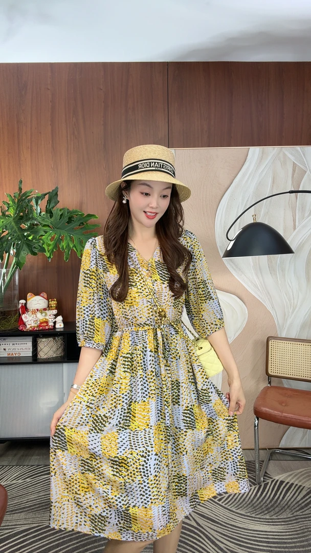 杨升服饰【落日美霞】夏季V领显瘦减龄宽松遮肚桑蚕丝女装连衣裙